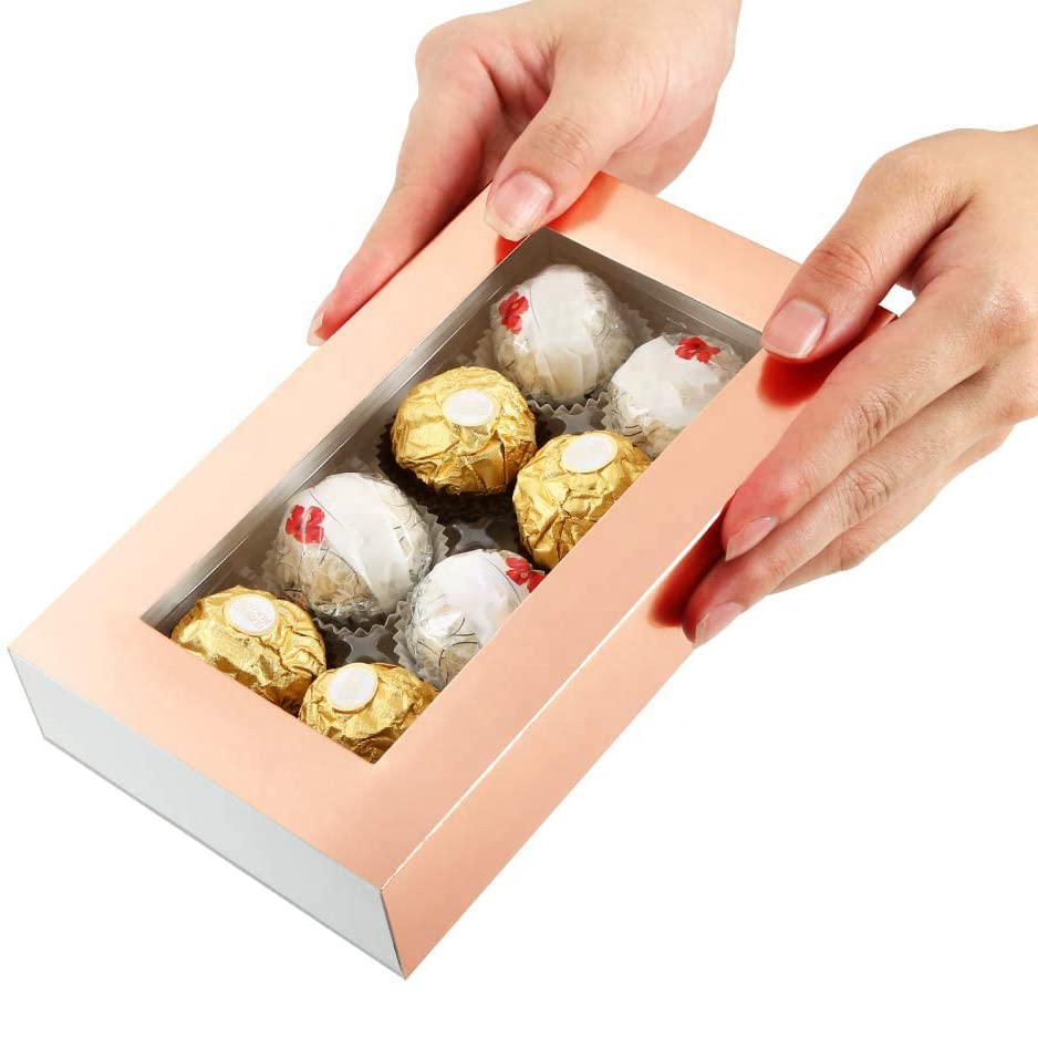 Pull Out Candy Truffles Chocolate Paperboard Packaging Box with Dividers Viewing Window Sleeves 8-Piece Plastics Tray