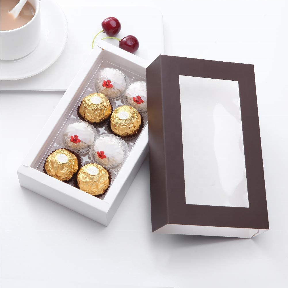 Pull Out Candy Truffles Chocolate Paperboard Packaging Box with Dividers Viewing Window Sleeves 8-Piece Plastics Tray