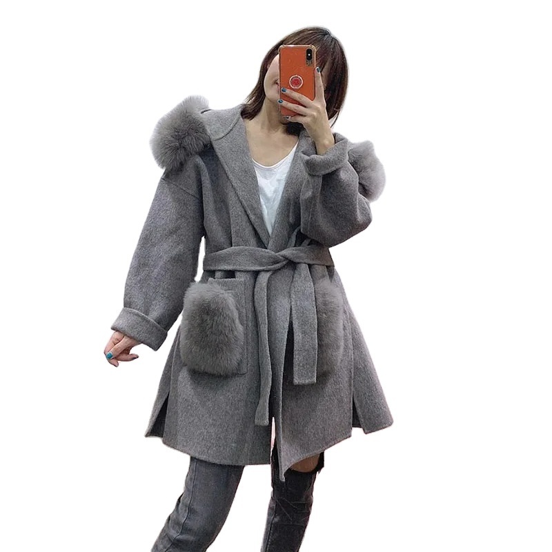 2024 Hot sale Cashmere Coat Women Fashion Casual Fur Trim Hood Wool Jacket With Big Fox Fur Pockets Loose Belted Coat Women