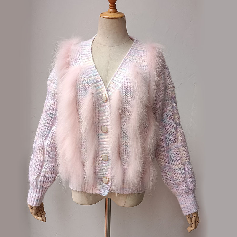 Autumn Cute Knitted Cardigan Sweater With Real Raccoon Fur Long Sleeve 2024 New New Design Open Stitch With Button Genuine Fur