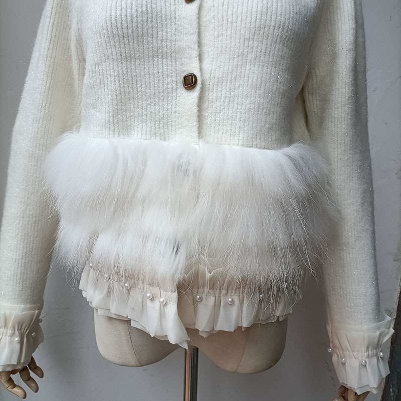 2024 New Cute Knitted Cardigan With Button Real Fur Trim Chic Short Open Stitch Knitwear Female Spring Sweaters