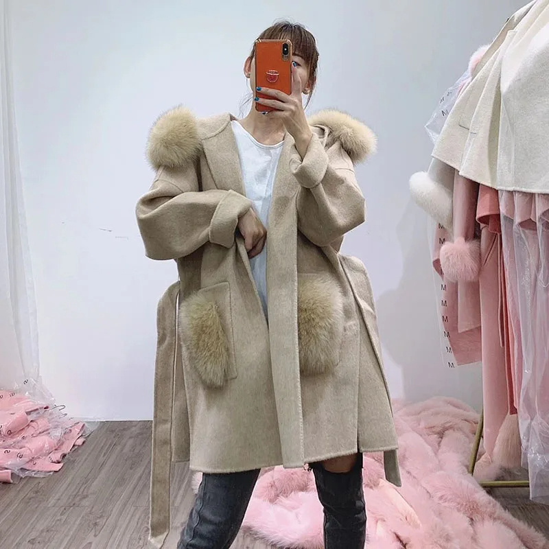 2024 Hot sale Cashmere Coat Women Fashion Casual Fur Trim Hood Wool Jacket With Big Fox Fur Pockets Loose Belted Coat Women