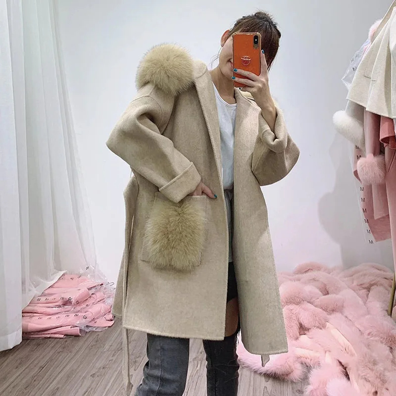 2024 Hot sale Cashmere Coat Women Fashion Casual Fur Trim Hood Wool Jacket With Big Fox Fur Pockets Loose Belted Coat Women