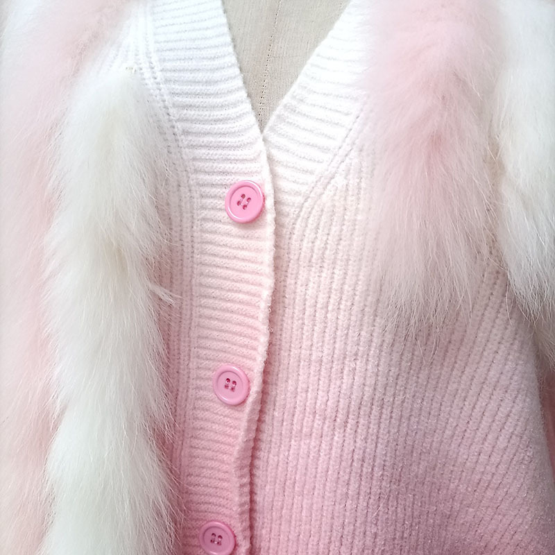 2024 New Autumn Knitted Cardigan With Raccoon Fur Stripe Casual Loose Knit Sweaters With Button Women Fur Trim Knitwear Outwear