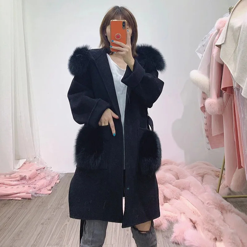 2024 Hot sale Cashmere Coat Women Fashion Casual Fur Trim Hood Wool Jacket With Big Fox Fur Pockets Loose Belted Coat Women