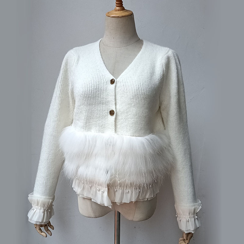 2024 New Cute Knitted Cardigan With Button Real Fur Trim Chic Short Open Stitch Knitwear Female Spring Sweaters