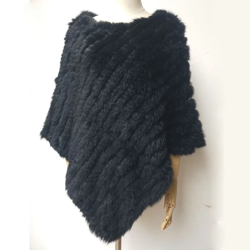 2024 Spring Hot Sale Knitted Natural Fur Shawl Fashion Genuine Fur Cape Real Rabbit Women Black Poncho