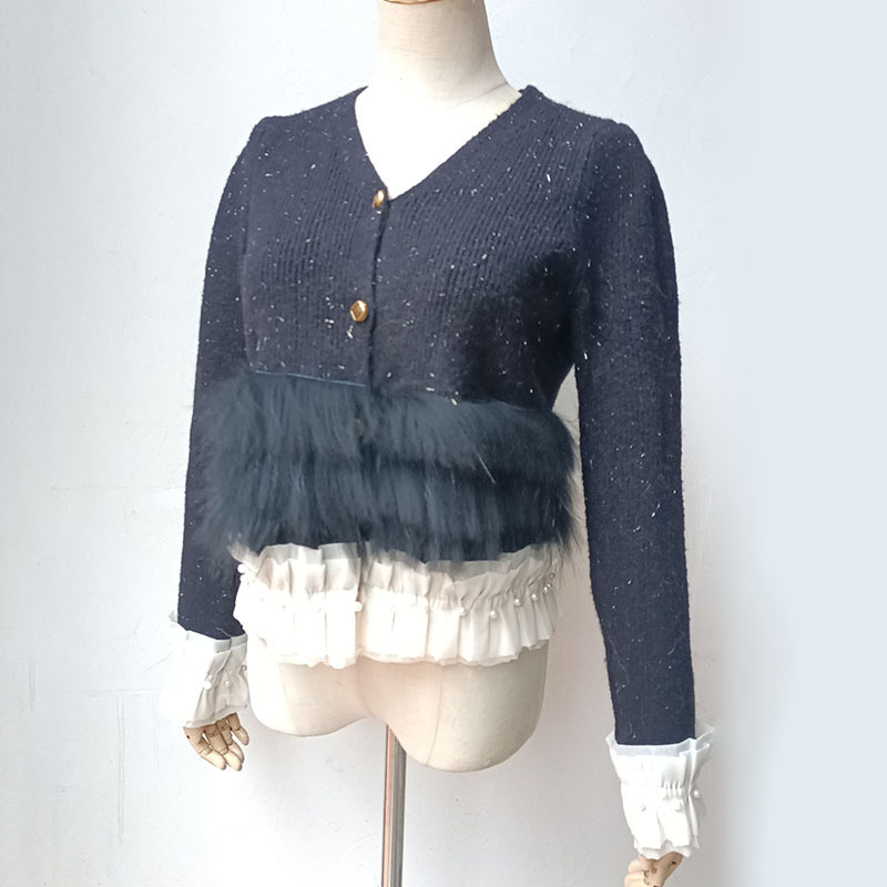 2024 New Cute Knitted Cardigan With Button Real Fur Trim Chic Short Open Stitch Knitwear Female Spring Sweaters