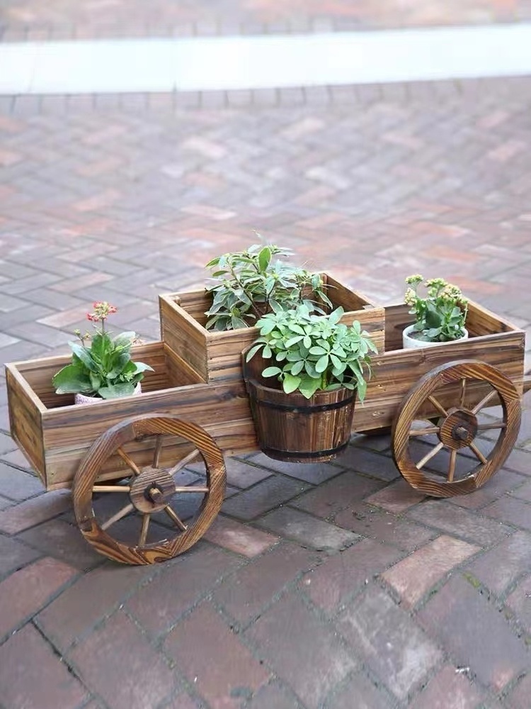 Customized Wooden Flower Cart Wheel Home Garden Wooden Flower Cart Half Barrel Wagon