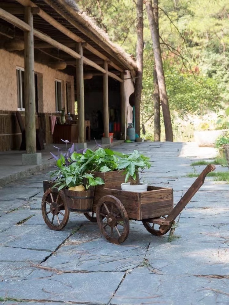 Customized Wooden Flower Cart Wheel Home Garden Wooden Flower Cart Half Barrel Wagon