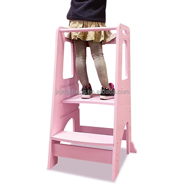 High Quality Kitchen Wooden Step Stool With Adjustable Platform Kids Learning Helper Tower