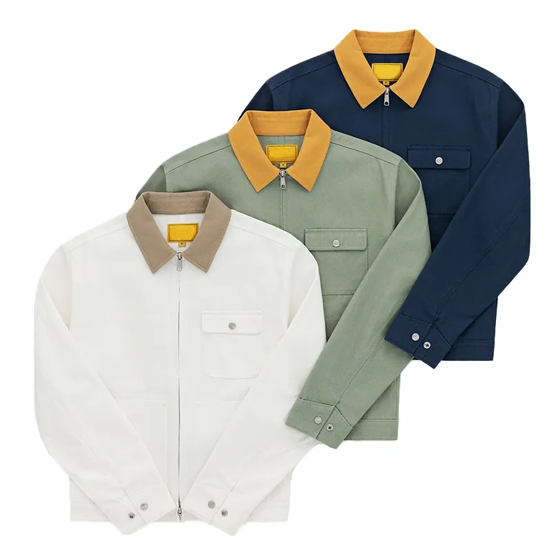 Custom logo man's shirt collar plain lined heavy canvas cargo pockets coaches jacket mens designer work jacket