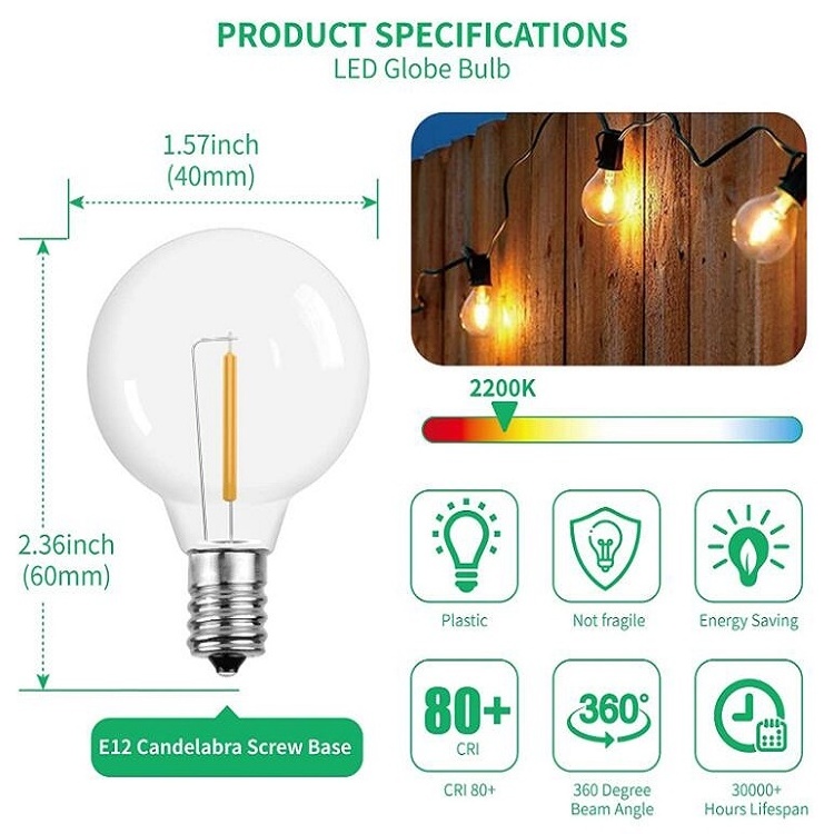 G40LED bulb E12 screw base shatterproof spherical bulb outdoor light string 1 watt equivalent to 5 watt incandescent lamp 25PCS