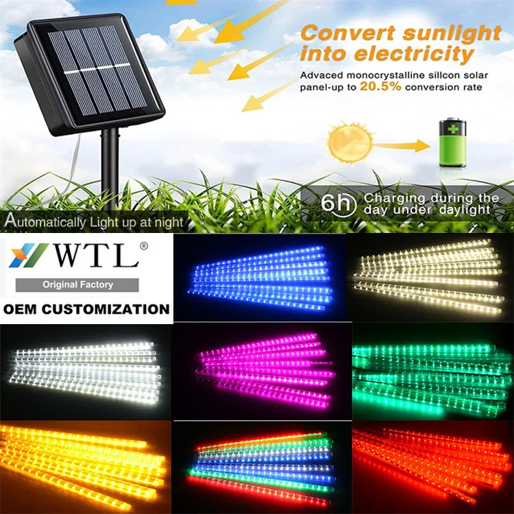 WTL Waterproof Solar String Bulbs Outdoor Garden Decoration Landscape Decorative Lighting Christmas Rain Meteor Shower LED Light