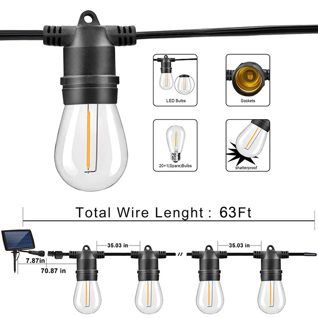 US standard plug hot sale waterproof shakeproof  48FT 24 S14 led solar fairy led light strings lights