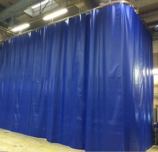 Industrial Blue Curtain Wall Partition with Clear Vision Strip Warehouse PVC Curtains Garage Wash Bay Curtains