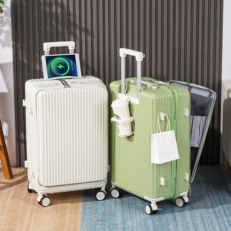 2023New arrival hot selling multifunctional luggage with cup hoder and USB charging Hard ABS custom suitcase