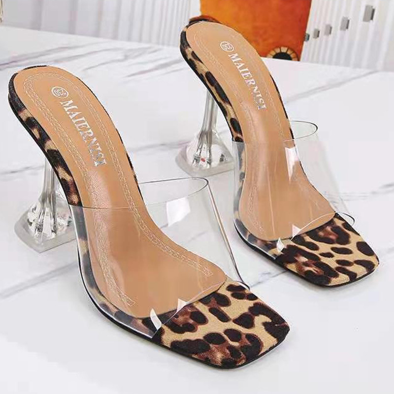 fashion sandals woman shoes new arrivals 2024 transparent upper leopard print ladies high heel slippers