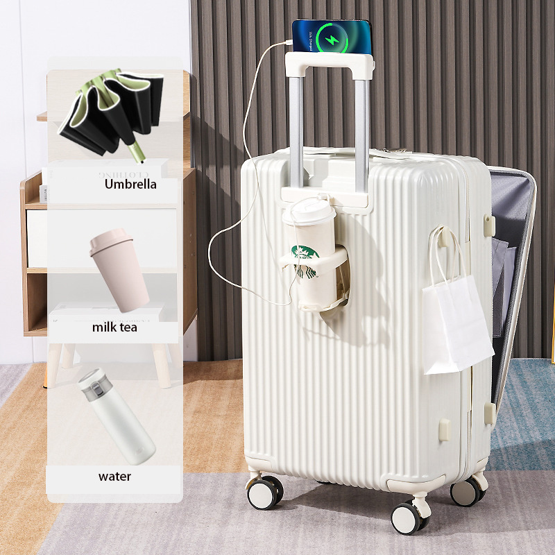 2023New arrival hot selling multifunctional luggage with cup hoder and USB charging Hard ABS custom suitcase