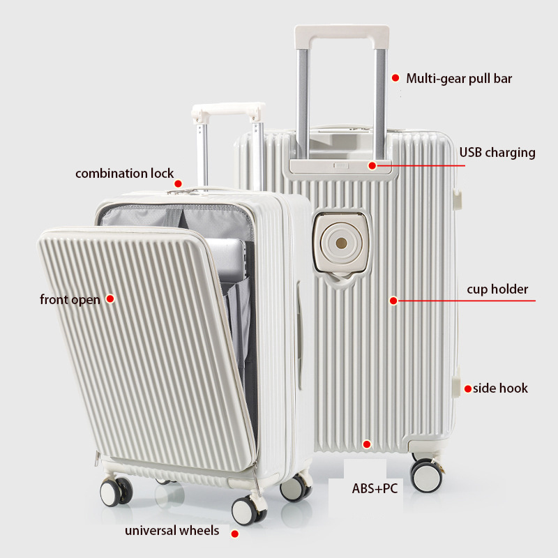 2023New arrival hot selling multifunctional luggage with cup hoder and USB charging Hard ABS custom suitcase