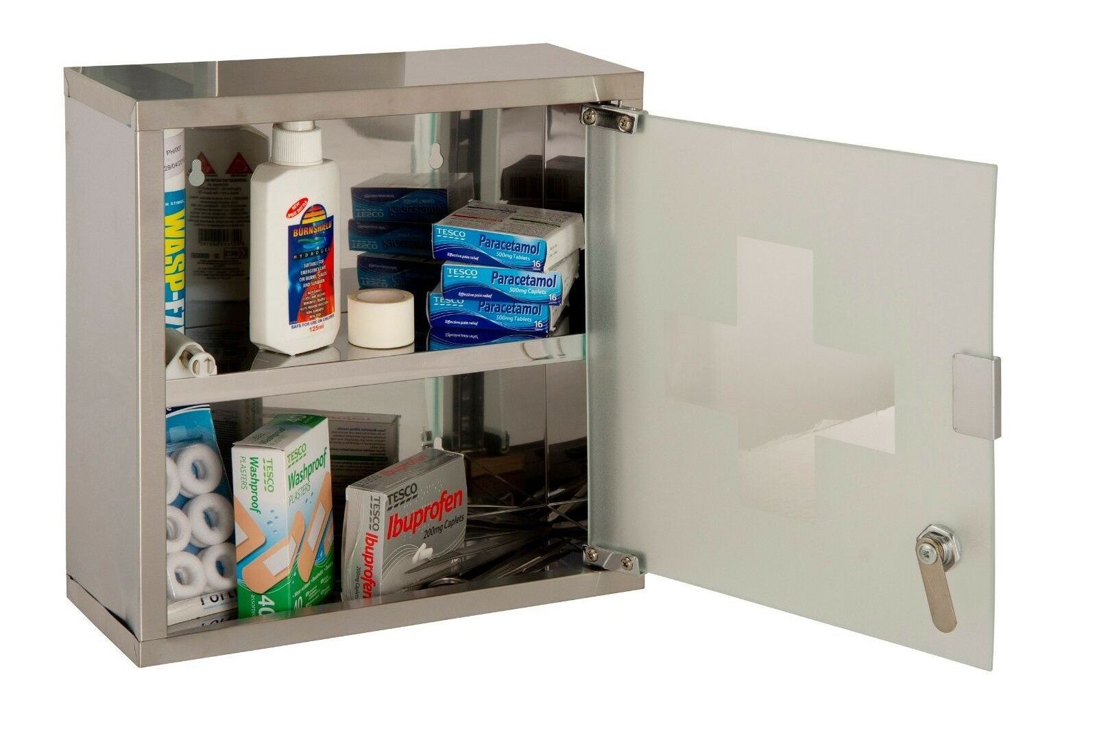 Wall Mount Stainless Steel 2 Shelves Medical Cabinet First Aid with frosted Glass Locking Door