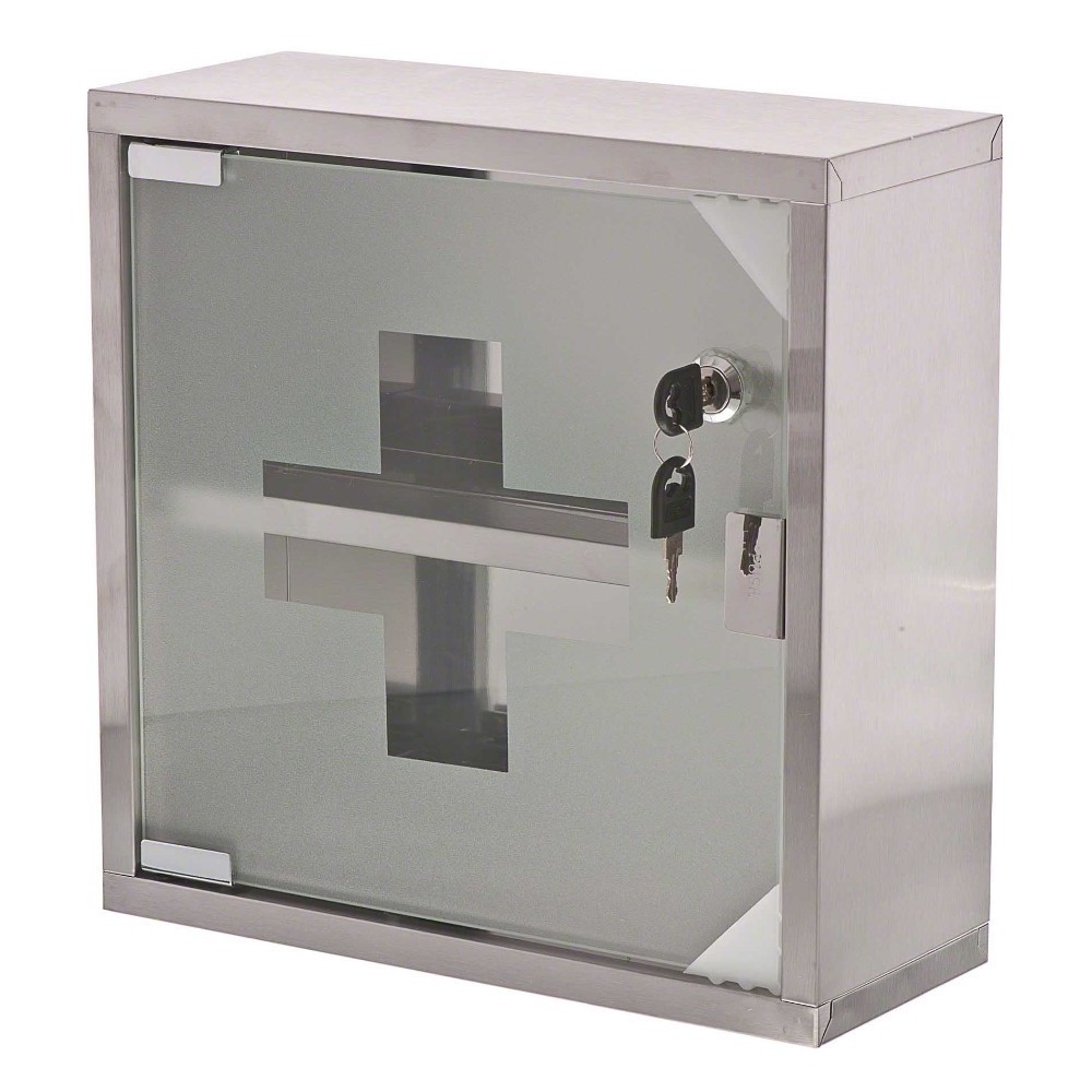 Wall Mount Stainless Steel 2 Shelves Medical Cabinet First Aid with frosted Glass Locking Door