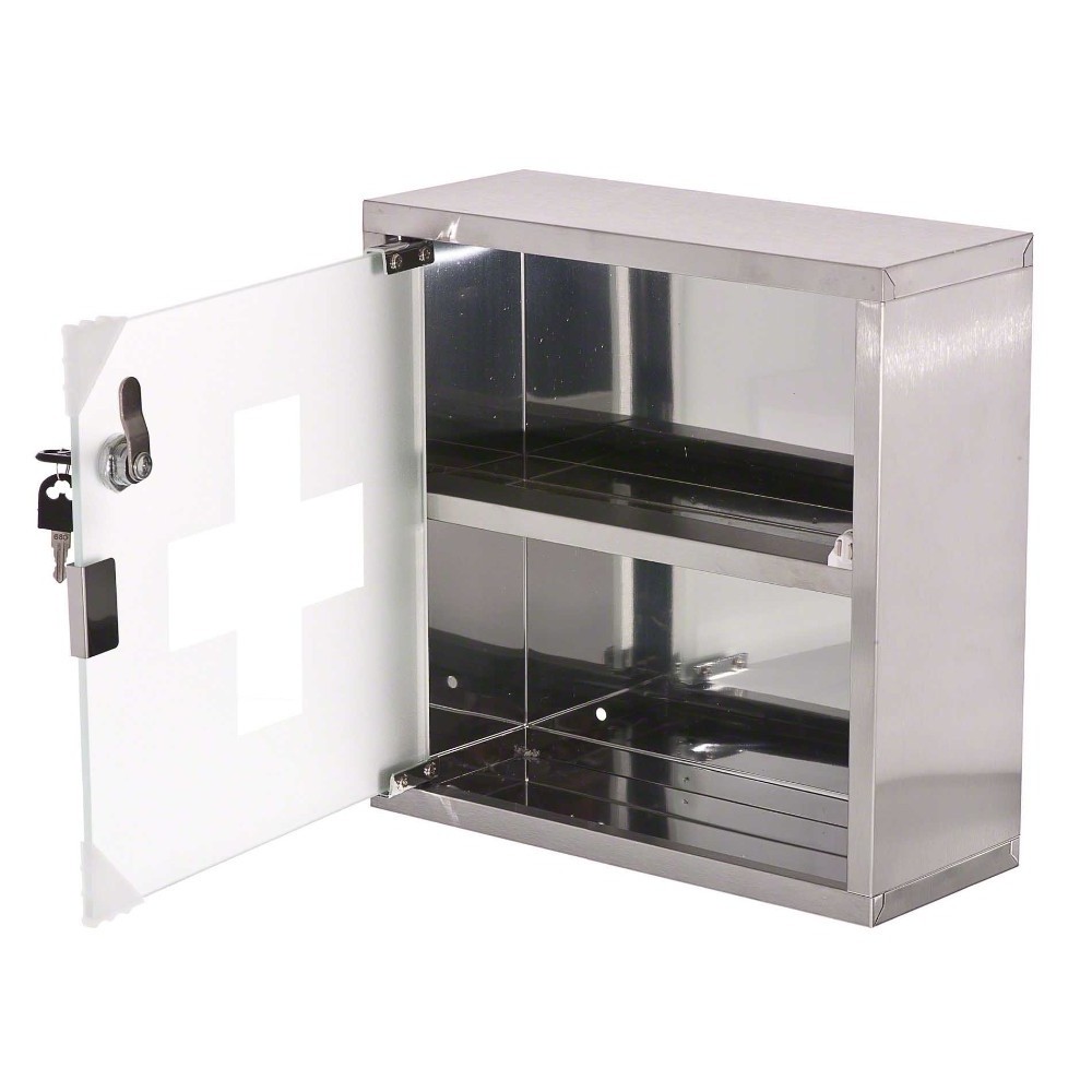 Wall Mount Stainless Steel 2 Shelves Medical Cabinet First Aid with frosted Glass Locking Door