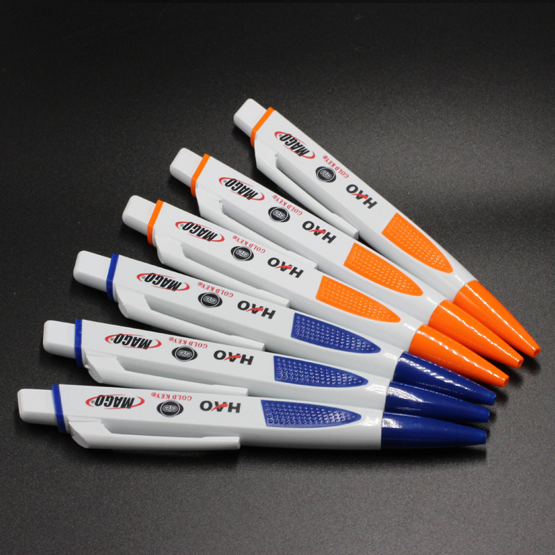 Best option promotional logo printing blue orange pure white body square flat ABS plastic ball pen with anti slip rubber grip