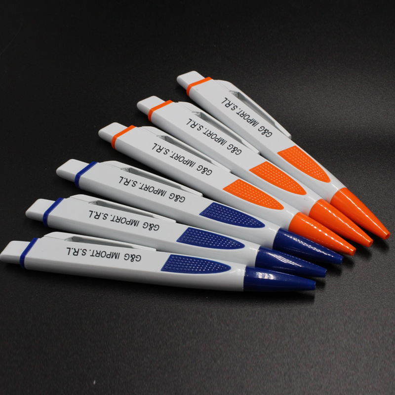 Best option promotional logo printing blue orange pure white body square flat ABS plastic ball pen with anti slip rubber grip