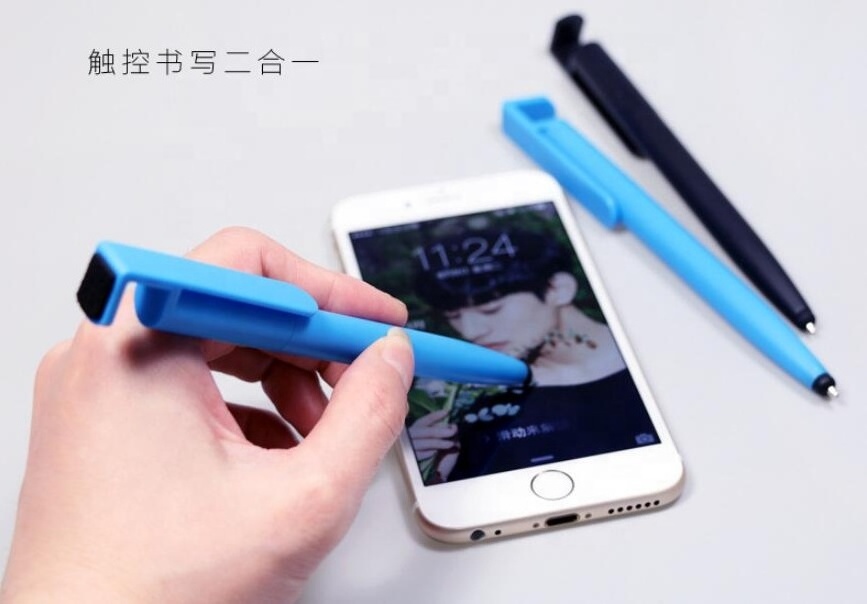 4 in 1 plastic ballpoint pen stylus  pen mobile phone holder with screen clean head multifunctional pen