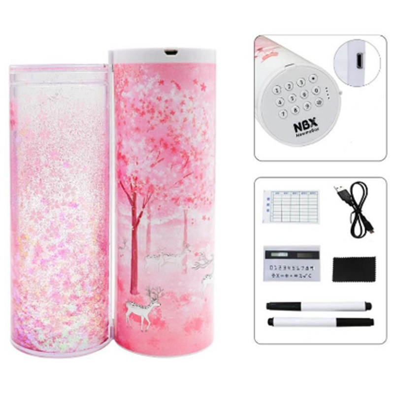 Solar Calculator Mirror Whiteboard Translucent Multifunction Pen Box School Korean Glitter Quicksand Cylindrical Pencil Box Case