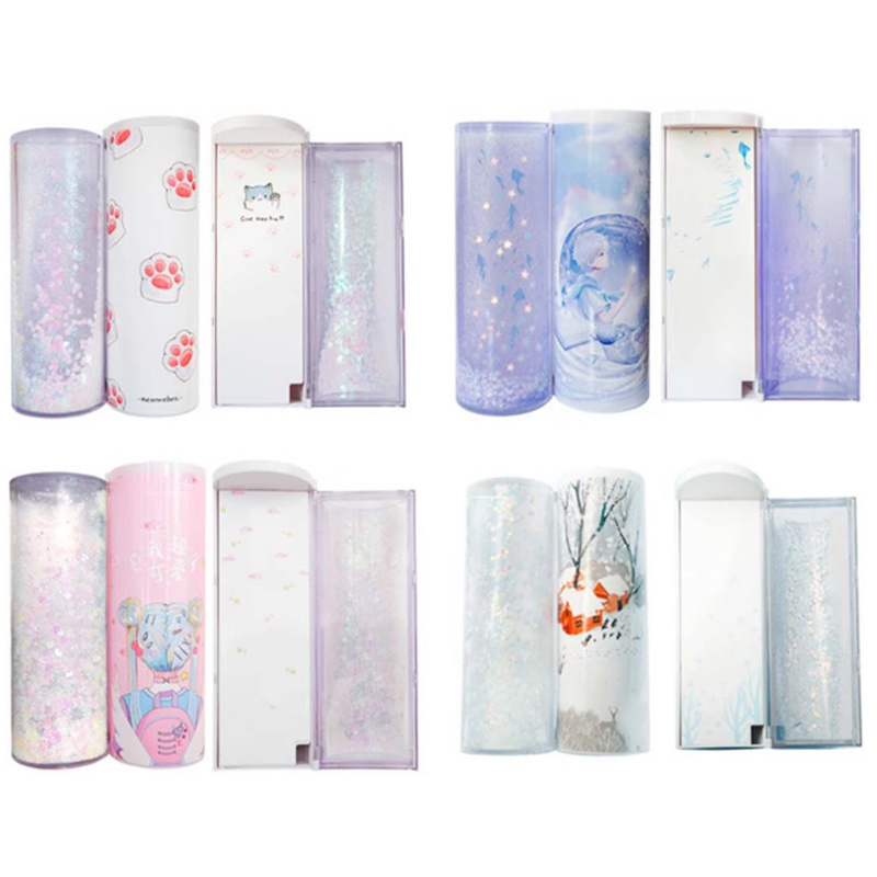 Solar Calculator Mirror Whiteboard Translucent Multifunction Pen Box School Korean Glitter Quicksand Cylindrical Pencil Box Case