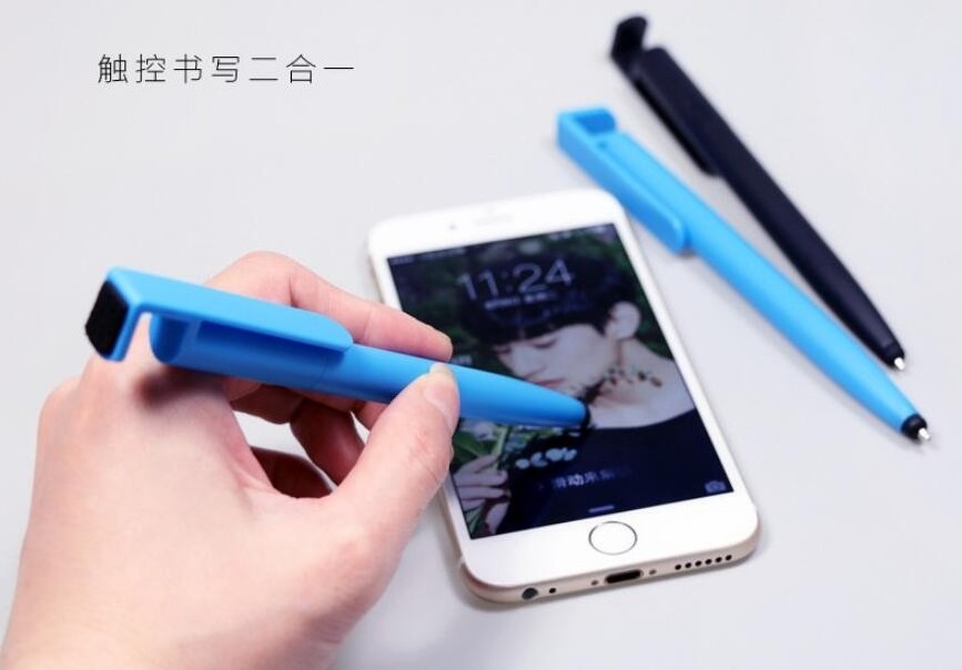 4 in 1 plastic ballpoint pen stylus  pen mobile phone holder with screen clean head multifunctional pen