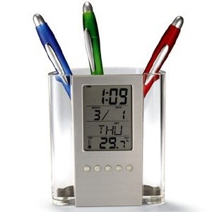 Transparent Crystal Glass Pen Stand Doctor Desktop Office Home Decorated Storage Box Clock Thermometer Calender Pen Holder