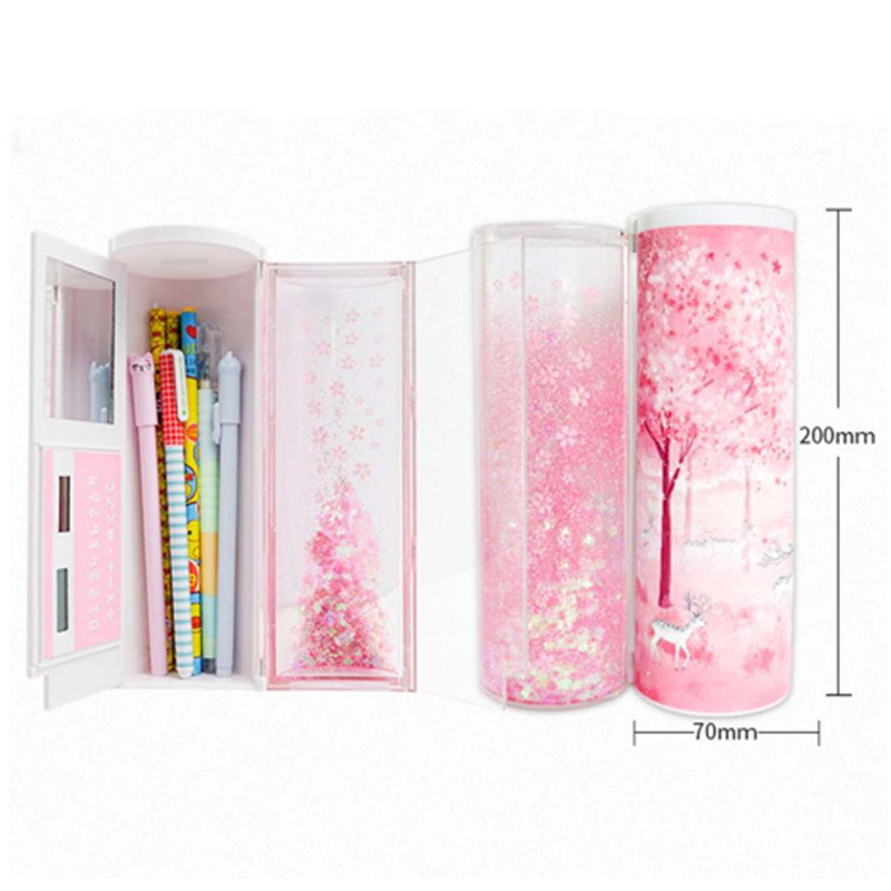 Solar Calculator Mirror Whiteboard Translucent Multifunction Pen Box School Korean Glitter Quicksand Cylindrical Pencil Box Case