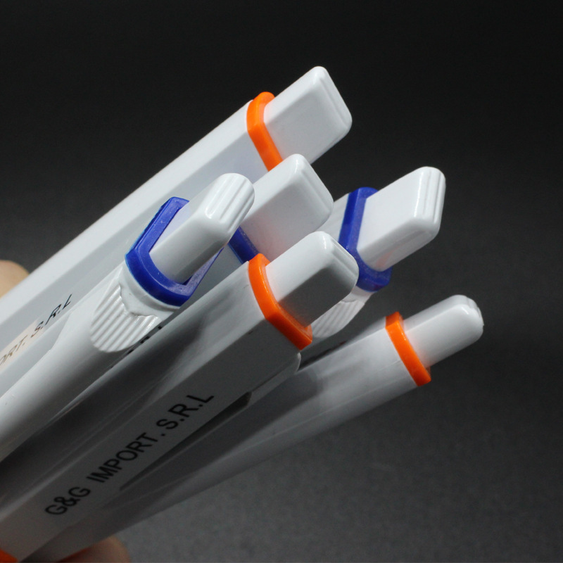 Best option promotional logo printing blue orange pure white body square flat ABS plastic ball pen with anti slip rubber grip