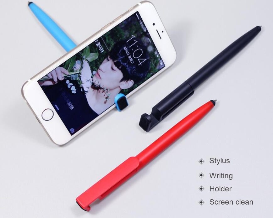 4 in 1 plastic ballpoint pen stylus  pen mobile phone holder with screen clean head multifunctional pen