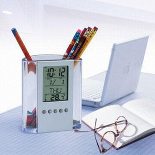 Transparent Crystal Glass Pen Stand Doctor Desktop Office Home Decorated Storage Box Clock Thermometer Calender Pen Holder