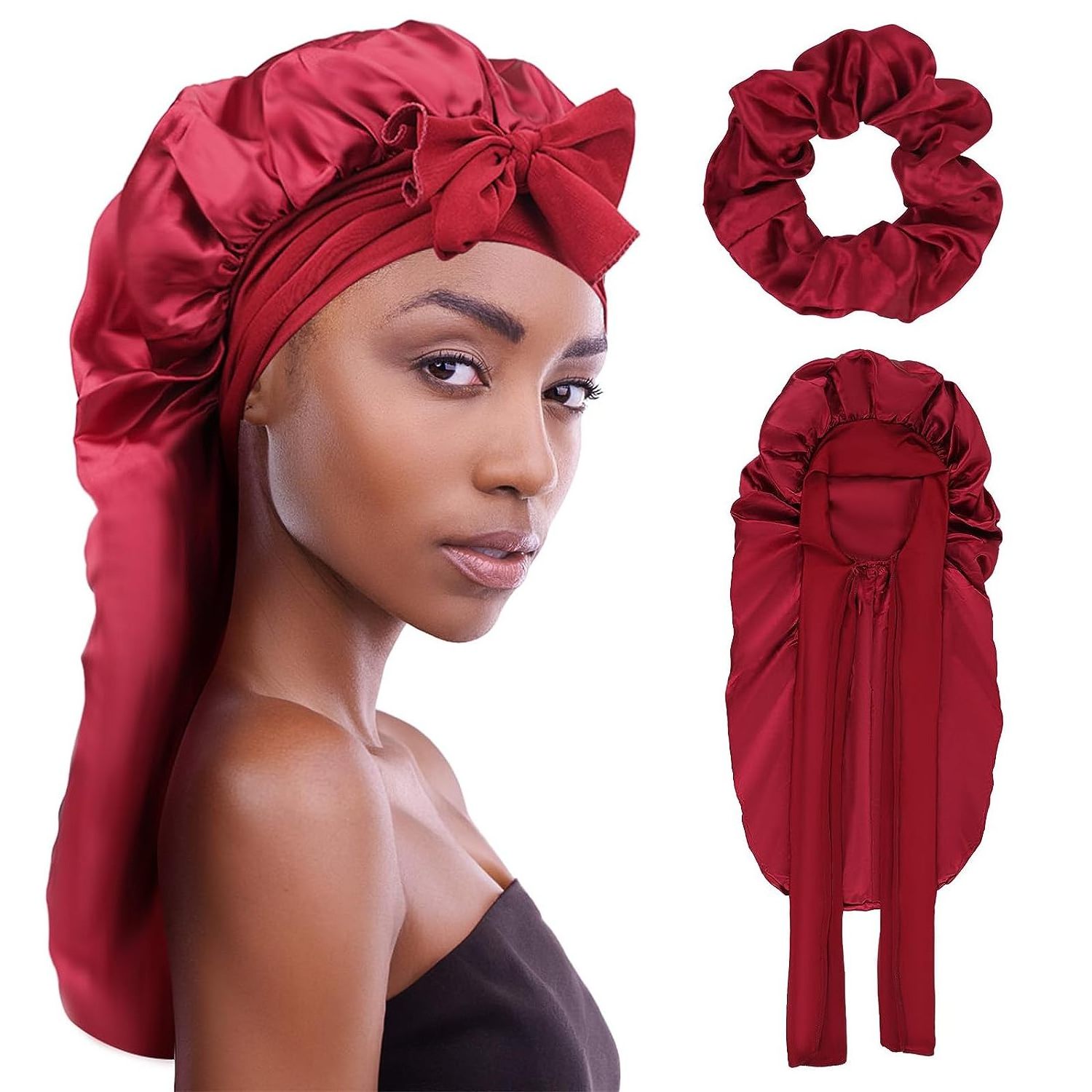 Adjustable Women Wide Band Sleep Night Cap Braid Silk Satin Lined Designer Hair Bonnets With Long Ties