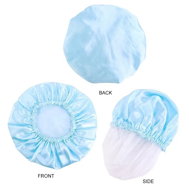 Wholesale Reusable Waterproof EVA Inner Shower Cap with Elastic Satin Women Bath Cap Accessories