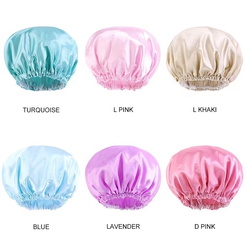 Wholesale Reusable Waterproof EVA Inner Shower Cap with Elastic Satin Women Bath Cap Accessories