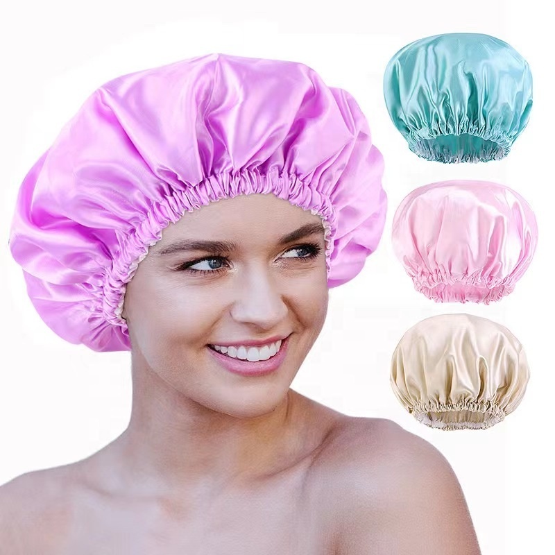 Wholesale Reusable Waterproof EVA Inner Shower Cap with Elastic Satin Women Bath Cap Accessories