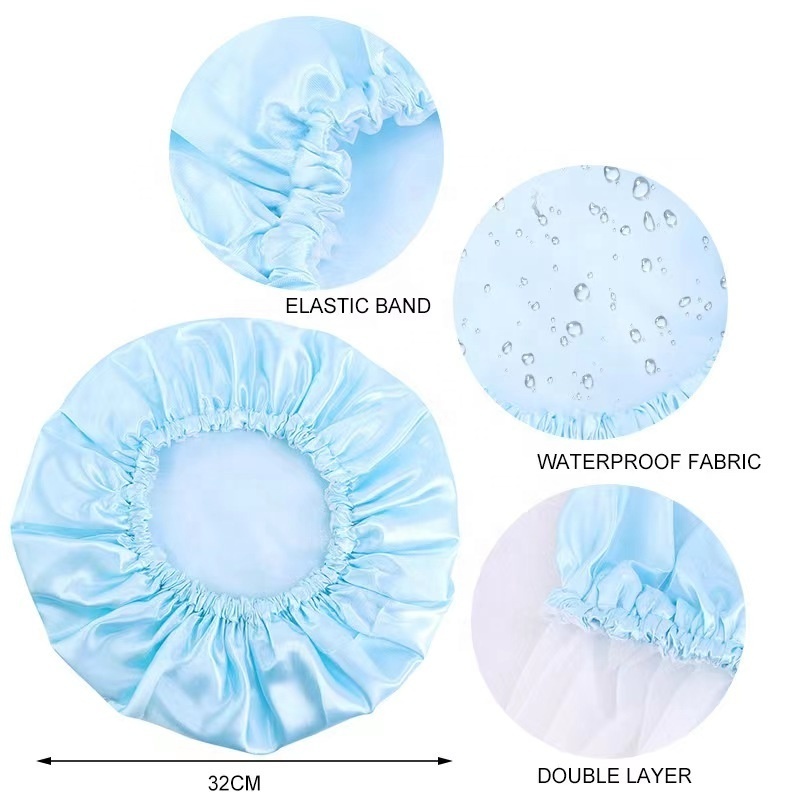 Wholesale Reusable Waterproof EVA Inner Shower Cap with Elastic Satin Women Bath Cap Accessories