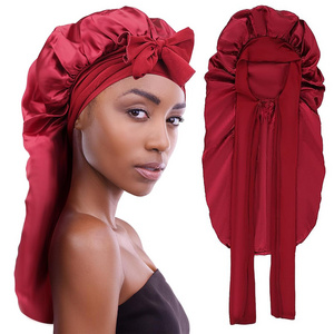 Adjustable Women Wide Band Sleep Night Cap Braid Silk Satin Lined Designer Hair Bonnets With Long Ties