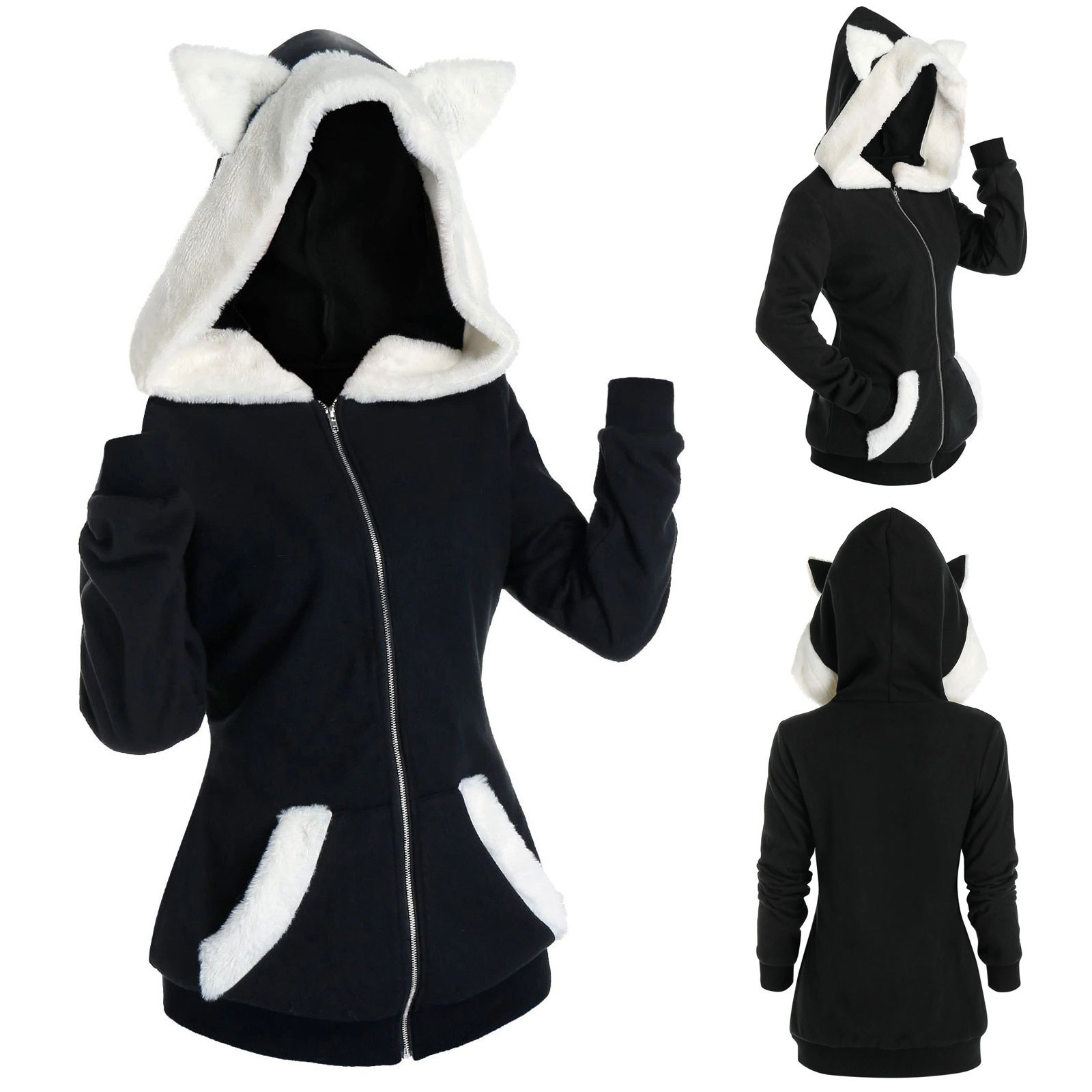 Ladies Hoodies Long Sleeve Cosplay Cat Ear Faux Furs Insert Sweatshirts Women Kawaii Vetement Zip Up Hoodie