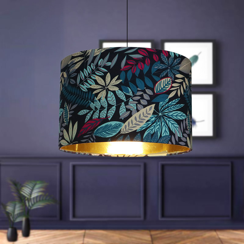 Free Samples Wholesale Dark Colored Leaves Pattern Round Fabric Lampshades Table Lamp Shade