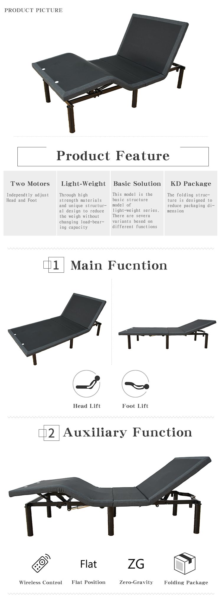 Rondure RKD2 Parts Electric Adjustable Bed Mechanism Mattress Home Furniture Okin Motor 10 Years Eclectic Wireless 1085*1010*210