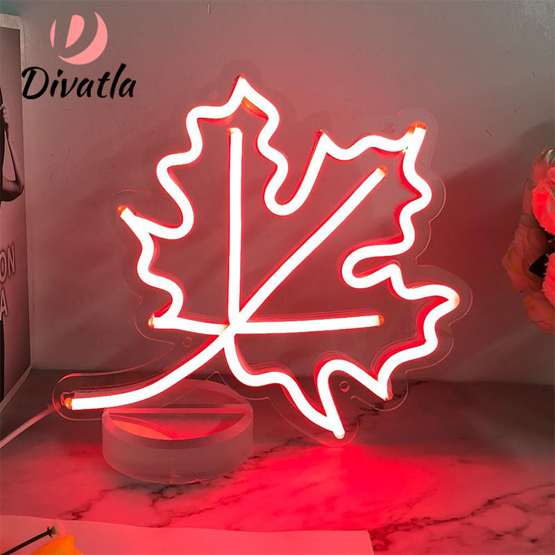 DIVATLA Maple Leaf Neon Sign for Wall Art Decor, Cute Bright Red Leaf LED Neon Light Sign for Bedroom, Living Room