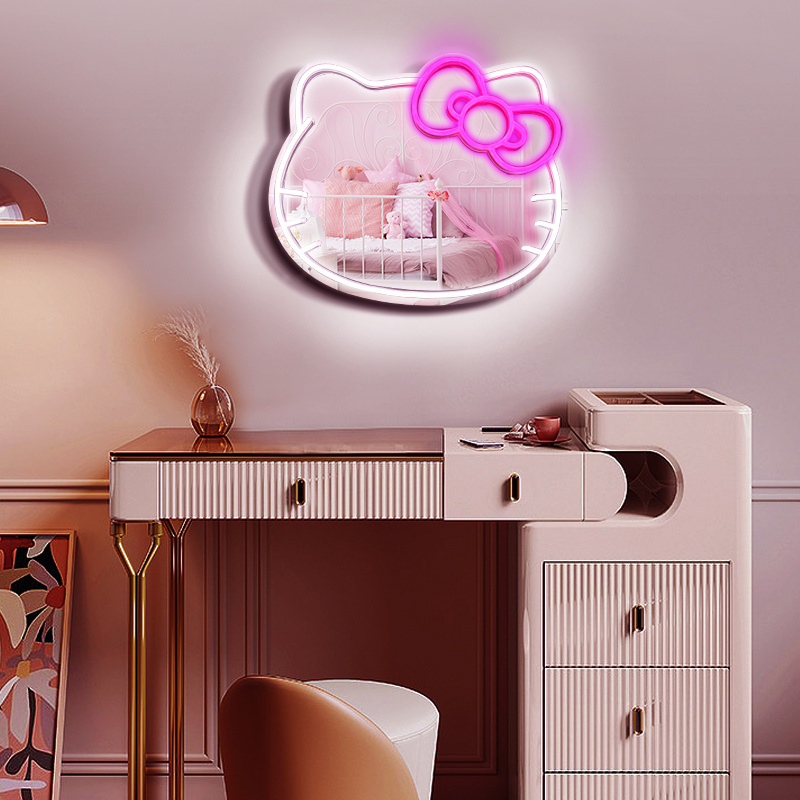 Hot Sellers Neon Mirror With Led Light For Girls' Room Decorative Lignts Hello Kitty Led Mirror For Decoration Neon Light