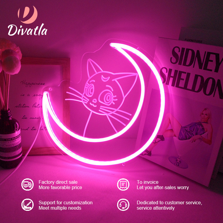 DIVATLA In Stock Sailor Moon Luna Anime Magic Cat Lamp Bedroom Night 5v Acrylic Decoration LED Neon Sign Light